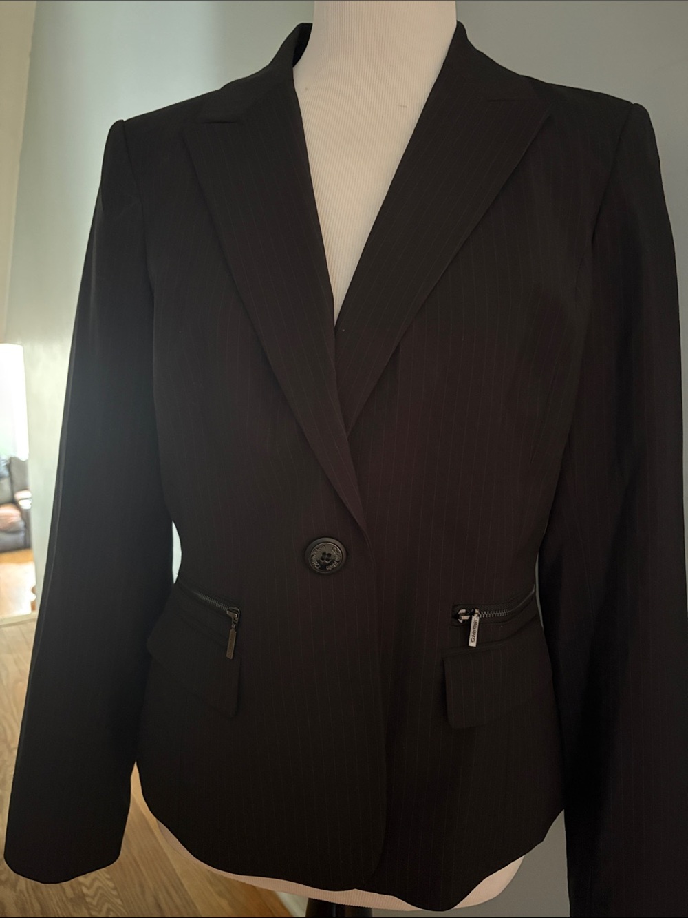 Women’s Black Pinstripe Single-Button Blazer